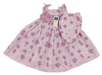 Nové - 3set - Světlerůžové plátěné šaty s květy + klobouk + kalhotky M&Co.