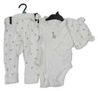 Nové - 3set - Biele tepláky so zvířátky + čepice + body s golierikom F&F