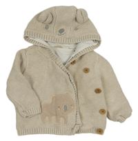 Světlebéžový melírovaný propínací podšitý svetr s medvídkem a kapucí s oušky Mothercare