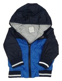 Modro-tmavomodrý šusťákový jarní bomber s nápisy a kapucí ZEEMAN