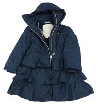 Tmavomodrý prošívaný šusťákový zimní kabát s volánky a kapucí Le Chic