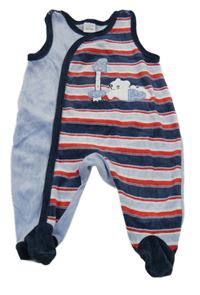 Světlemodro-tmavomodro-červeno-bílé pruhované sametové dupačky s medvedíkom