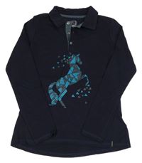 Tmavomodré funkčné jezdecké tričko s koníkem a golierikom FOuganza