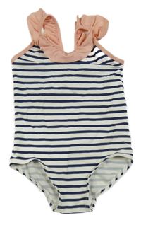 Bílo-tmavomodro-pudrové pruhované jednodílné plavky s volánkem 