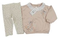 Nové - 2Set - Pudrová oversize mikina s vílami a límečkem s madeirou + světlebéžové melírované žebrované legíny s kytičkami F&F
