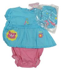 Nové - 2Set - Azurové plátenné šaty so s levíkom  a všitým ružovým body + klobúk Dizzy Daisy