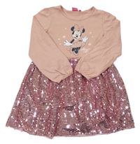 Pudrovo-starorůžové teplákovo/tylové šaty s Minnie a flitry Disney