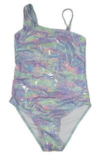 Lila-zeleno-ružové batikované trblietavé jednodielne plavky zn. Primark