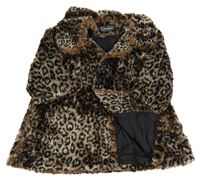 Béžovo-hnedý kožušinový podšitý kabát s leopardím vzorom