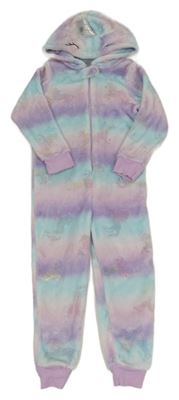 Světlemodro-růžovo-lila chlupatá kombinéza s jednorožci a kapucí Matalan