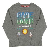 Šedé melírované triko s raketami a nápisem Tu