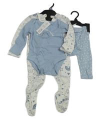 Nové - 3set - Světlemodré body s dinosaurem + bílý overal s dinosaury + světlemodré vzorované lehké tepláky F&F