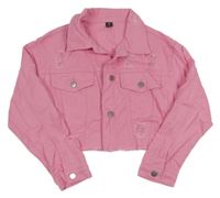 Ružová ľahká rifľová crop bunda s vyšúchaním Shein