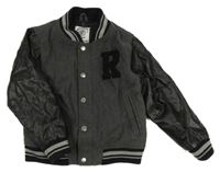 Tmavošedo-černá flaušovo/koženková zateplená baseballová bunda s písmenem Rebel