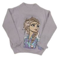 Lila chlupatý svetr s Elsou z flitrů C&A