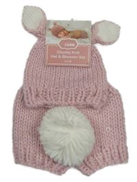 Nové - 2set - Růžová pletená čepice s oušky + pletené kraťasy s bambulí