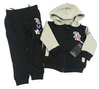 2 set - Čierne tepláky s nápisem + čierno-béžová prepínaci mikina s nápisom a kapucňou