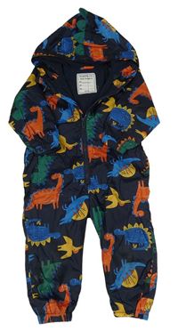 Tmavomodro-barevná šusťáková podzimní kombinéza s dinosaury a kapucí 