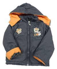 Tmavomošedo-oranžová šušťáková zateplená bunda s medveďmi