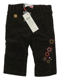 Nové - tmavohnedé podšité manšestráky s výšivkami květů Name it