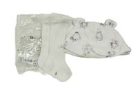 2 set - bílé podkolenky s volánkem + bílá čepice s obrázky 