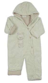 Smotanová plyšová podšitá kombinéza s medvěďom a kapucňou