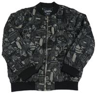 Černo-šedý šusťákový podšitý bomber s obrázky 