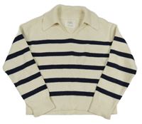 Bielo-tmavomodrý pruhovaný sveter s golierikom Zara