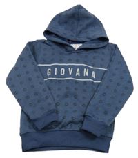 Tmavomodrá vzorovaná zateplená mikina s nápisom a kapucňou