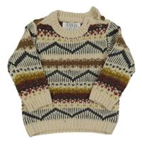 Smetanovo-tmavomodro-béžovo-farebný vzorovaný vlnený sveter F&F