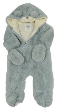 Svetlomodrá kožušinová zateplená kombinéza s kapucňou s čumákem + rukavice F&F