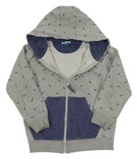 Sivo-modrá prepínaci mikina so žralokmi a kapucňou