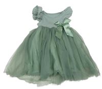 Svetlozelené rebrované šaty s tylovou sukní a mašlou