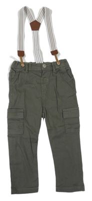 Khaki cargo plátěné kalhoty s kšandami Ergee