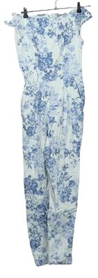 Dámsky modro-biely kvetovaný plátenný nohavicový overal