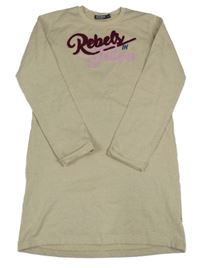 Béžové třpytivé teplákové šaty s nápisem 