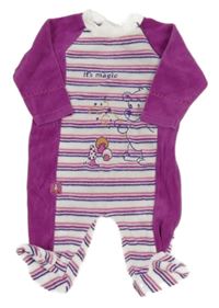Purpurovo-bielo-pruhovaný zamatový overal s nápisom a medvěďom