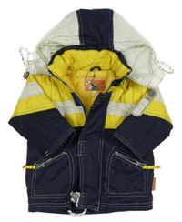 Žluto-tmavomodrá šusťáková jarní bunda s kapucí 