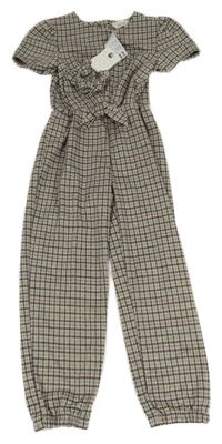 Nové - Šedo-černo-růžový kostkovaný úpletový kalhotový overal + gumička Primark