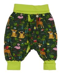 Tmavozelené baggy tepláky so zvířaty