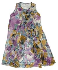 Fialovo-modro-horčicové kvetované šifónové šaty s volánikmi