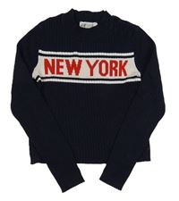 Tmavomodrý rebrovaný crop sveter s nápisom H&M