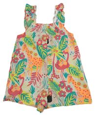 Světlerůžový bavlněný kraťasový overal se zvířátky Matalan