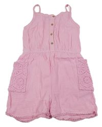 Růžový plátěný kraťasový overal s háčkováním Matalan