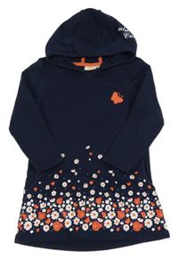 Tmavomodré teplákové šaty s kvietkami a kapucňou Kids