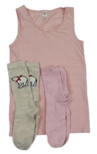 3set - Světlerůžová košilka + světlerůžové ponožky + béžové ponožky s medvídkem