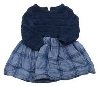 Modro-tmavomodré kockované bavlněno/svetrové šaty Tu