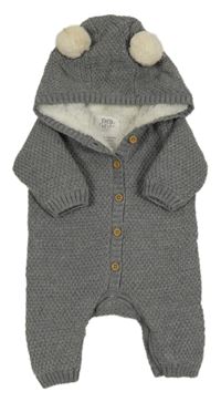 Šedá melírovaná vzorovaná pletená zateplená kombinéza s kapucí s bambulemi F&F