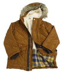 Hnedá prešívaná šušťáková pod/zimní bunda s kapucňou s kožešinou