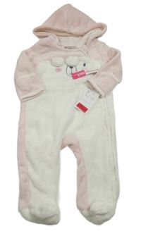 Nové - svetloružová -biela plyšová kombinéza s medvedíkom a kapucňou s uškami penelope mack